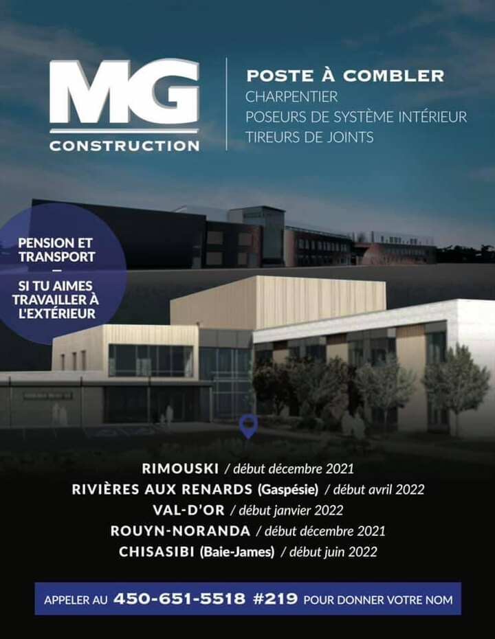 Image listant les postes à combler chez MG Construction.